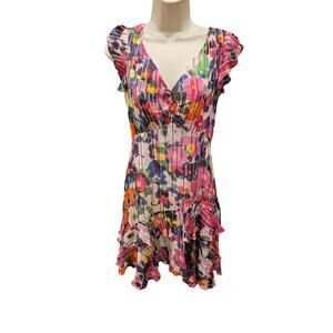 Saloni catia silk blend floral colorful asymmetric hem ruffle summer dress 2 US